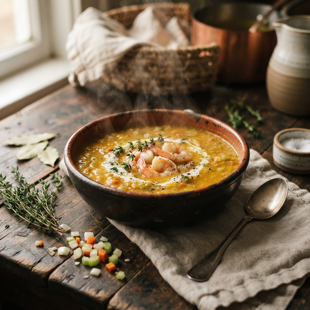 Shrimp bisque served in a rustic bowl